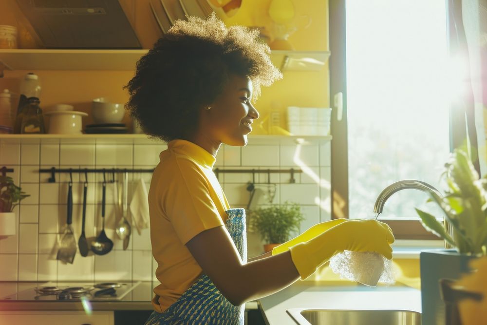 African American young woman cleaning kitchen adult.