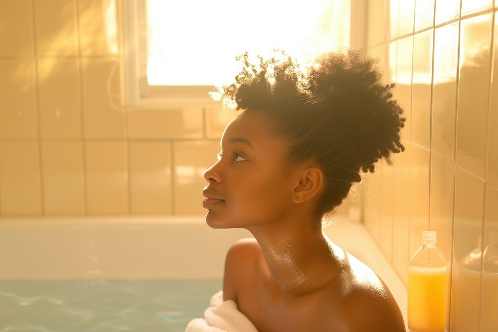 African American young woman bathroom bathtub adult.