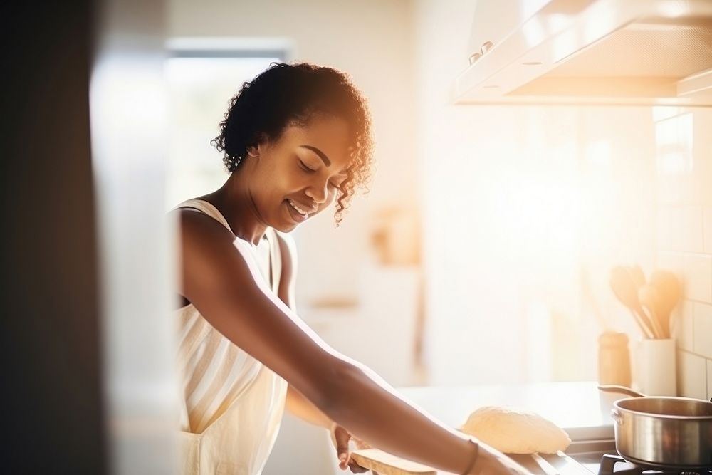 African American young woman kitchen cooking adult.