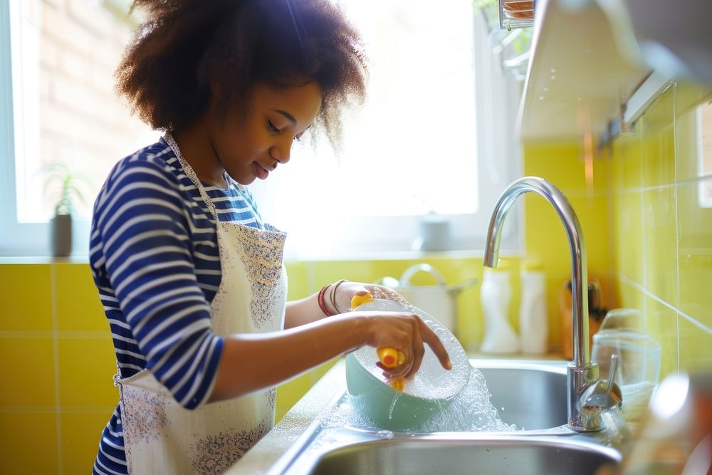 African American young woman kitchen washing adult.