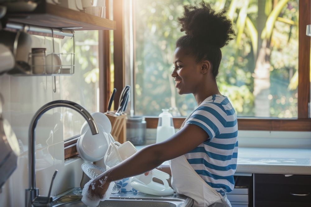 African American young woman washing kitchen sink.