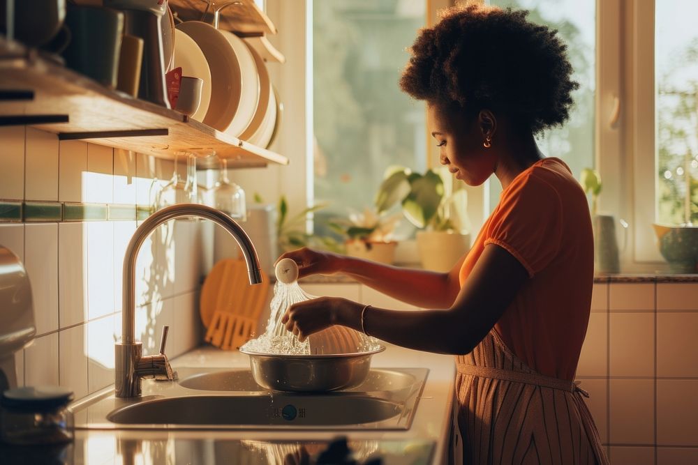 African American young woman washing kitchen adult.