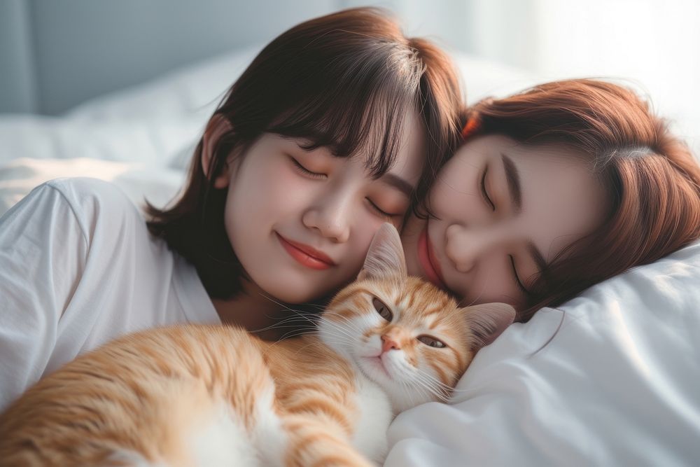 Chinese two girls kitten smiling blanket.
