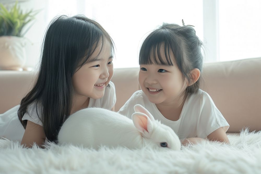 Chinese two girls smiling mammal rabbit.