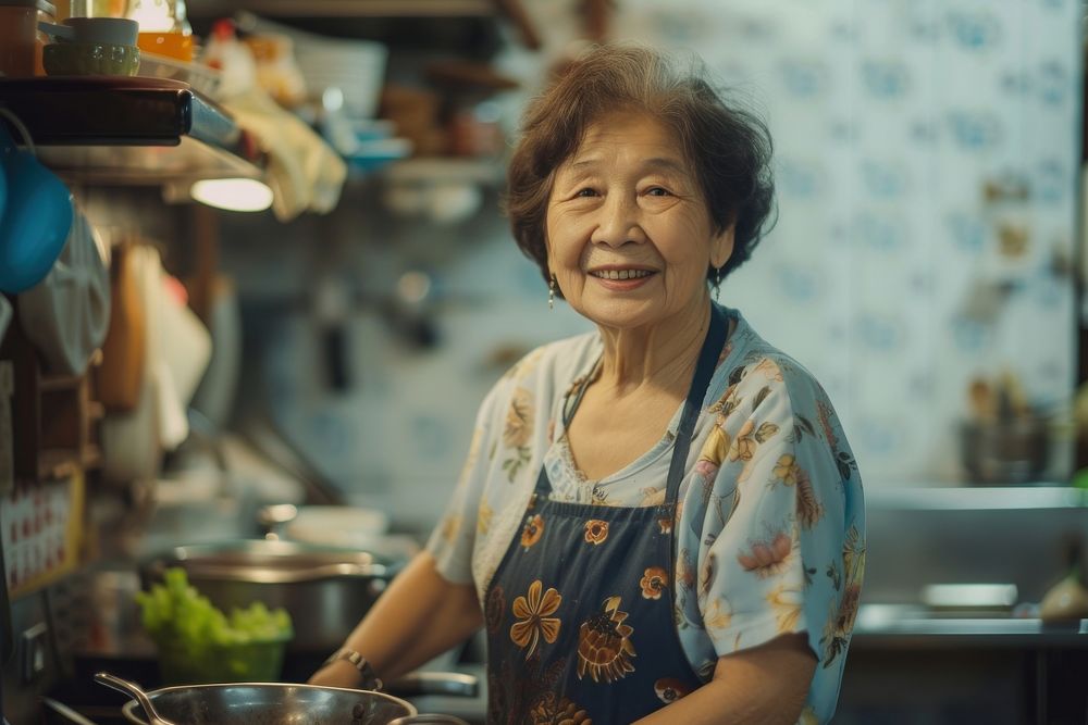 East asia old women smiling kitchen adult.