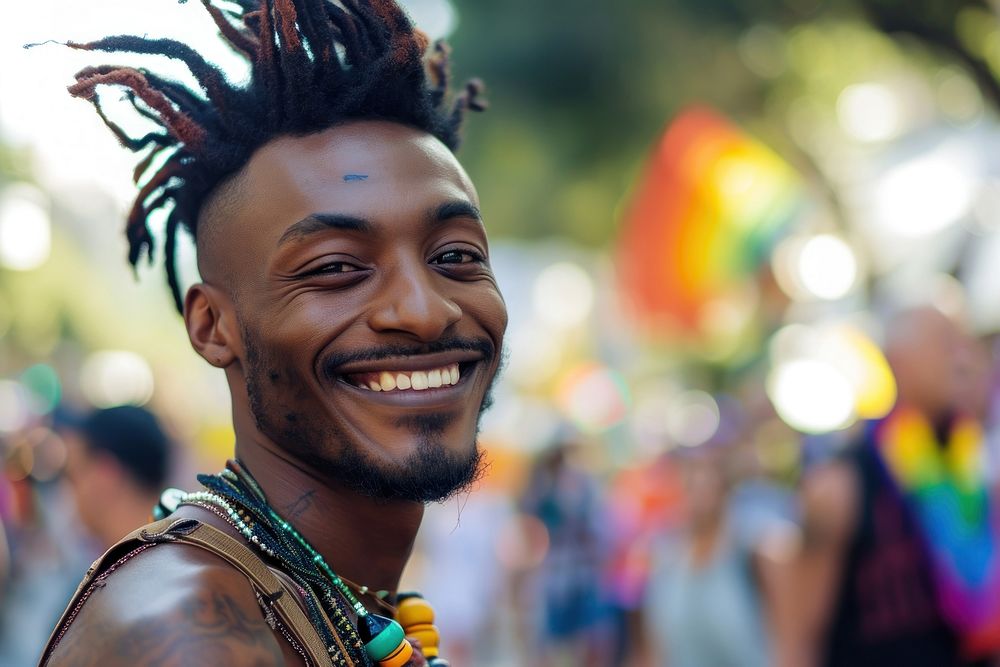 Handsome smiling black skin guy queer at LGBT parade outdoor outdoors adult smile.