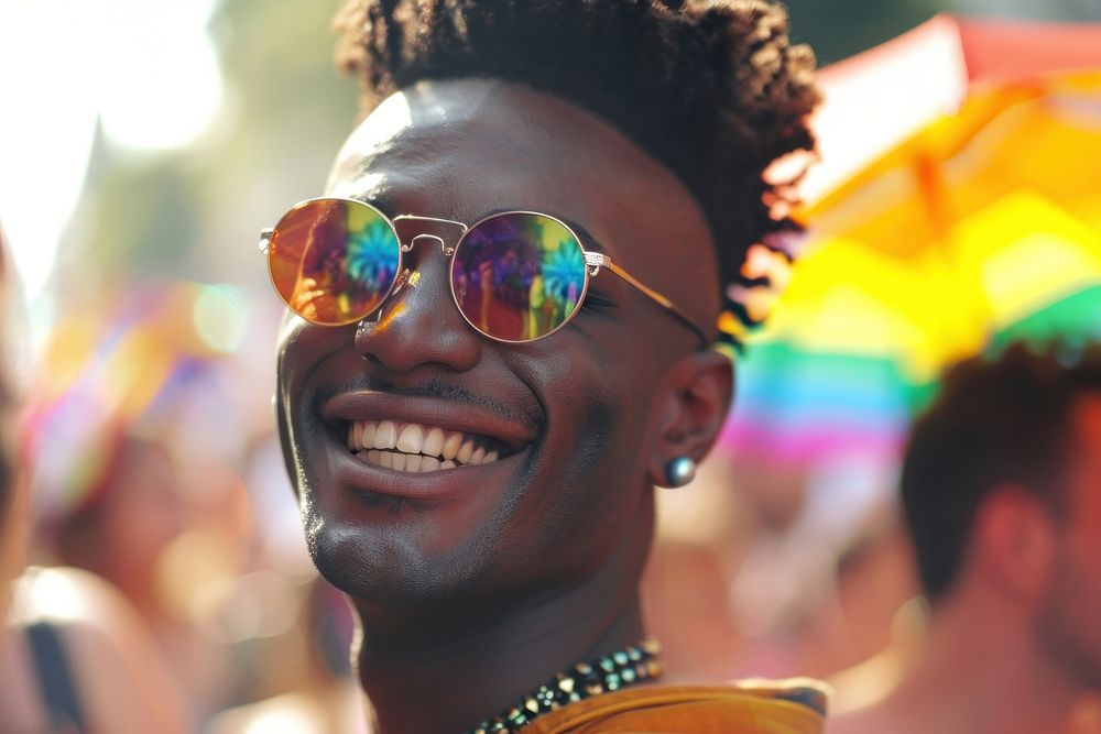 Handsome smiling black skin guy queer at LGBT parade outdoor photography sunglasses portrait.