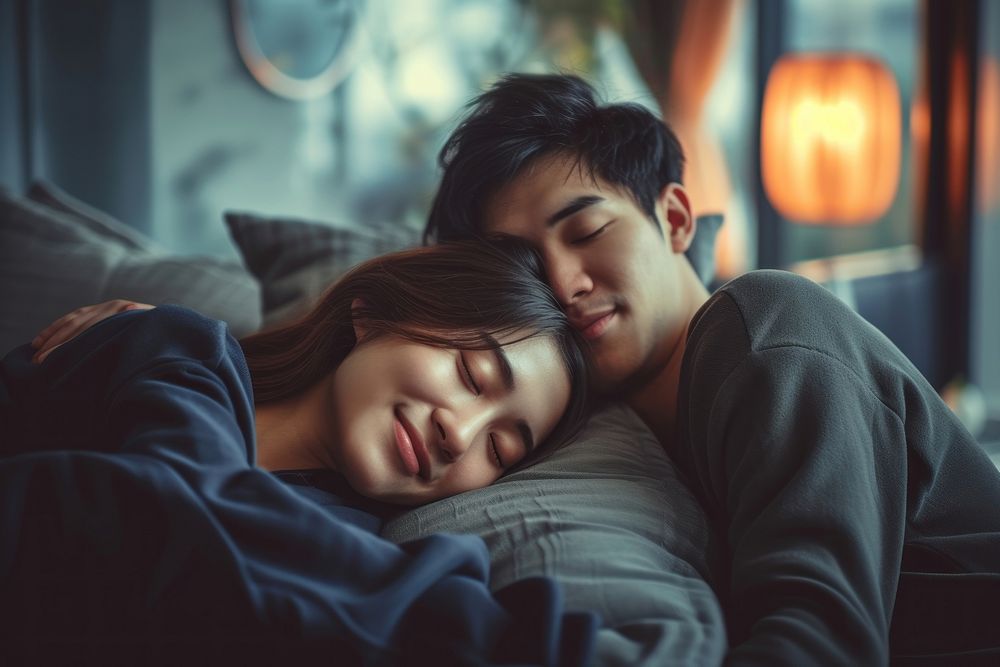 East asian female couple sleeping adult affectionate.