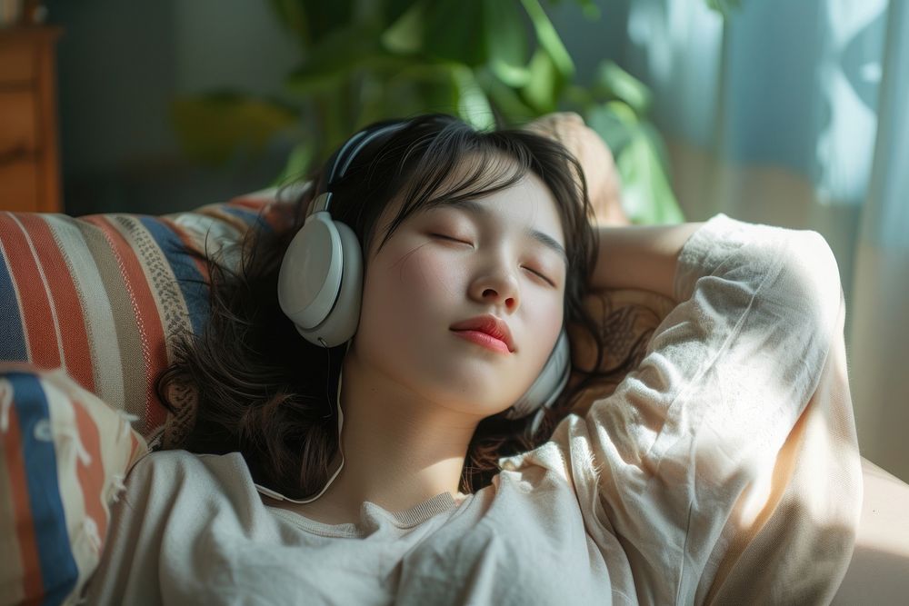 East asian female headphones listening sleeping.