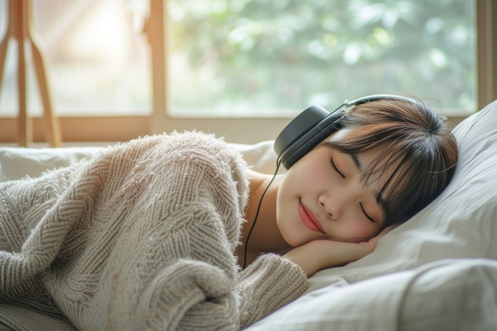 East asian female listening sleeping blanket.