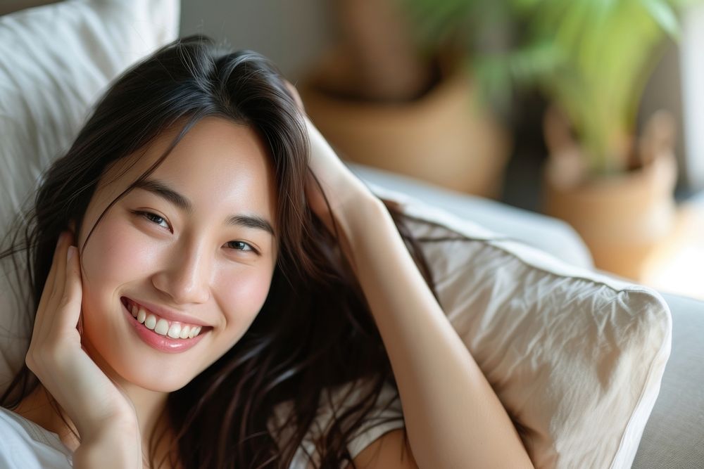 East asian female smile happy sofa.