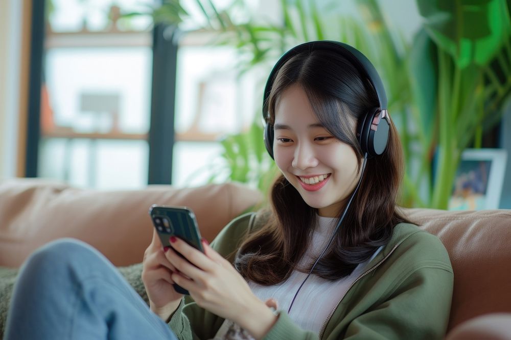 East asian female headphones listening headset.