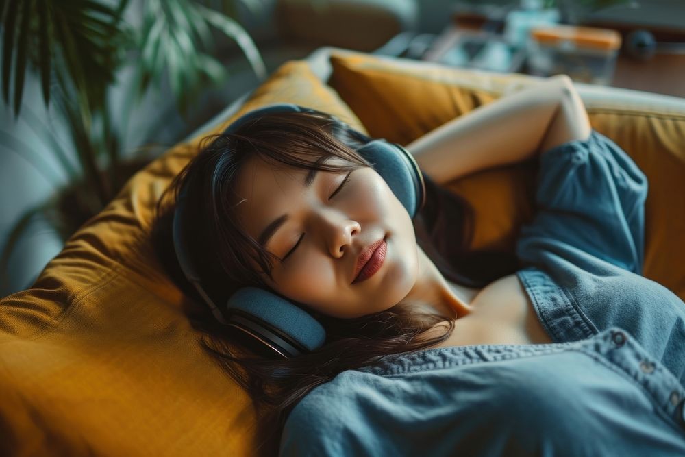 East asian female sleeping listening blanket.