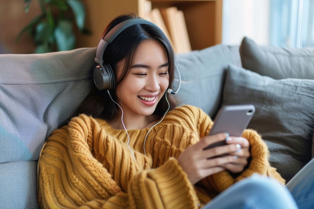 East asian female headphones listening headset.