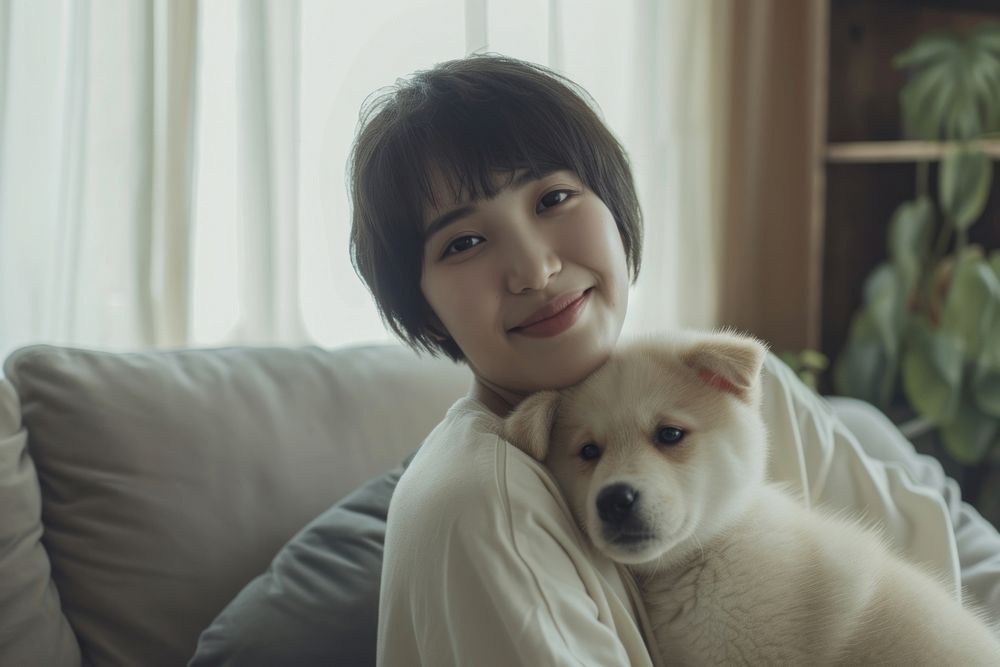 Japanese female puppy portrait smiling.