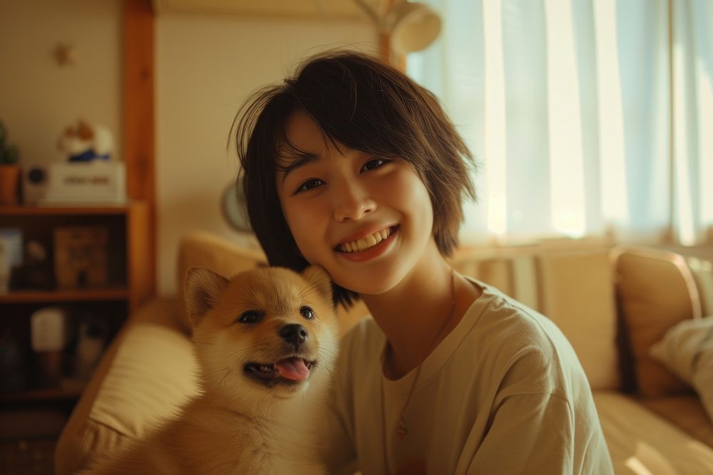 Japanese female puppy portrait smiling.