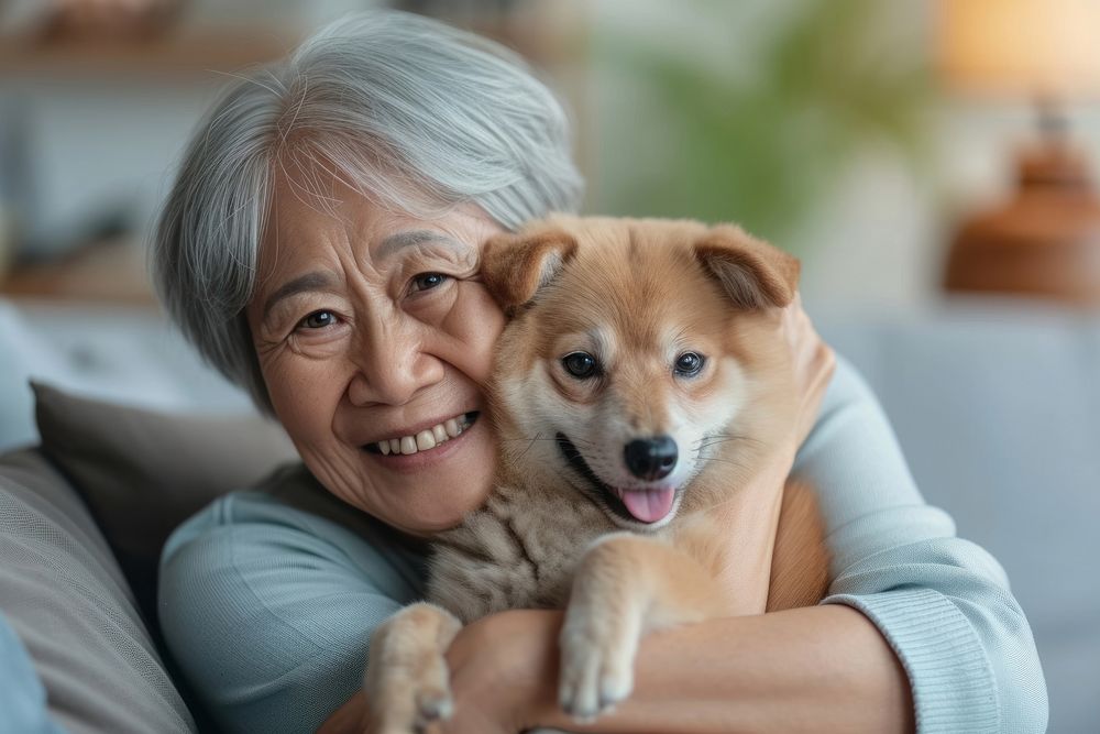 Japanese old women puppy portrait smiling.
