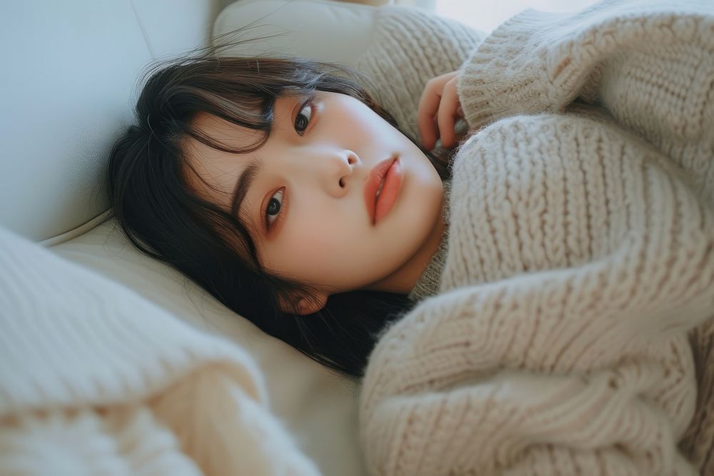 Korean female blanket cute contemplation.