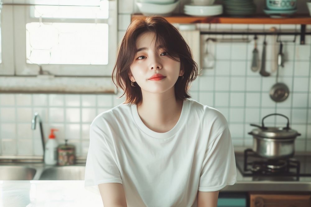 Korean female kitchen hair contemplation.