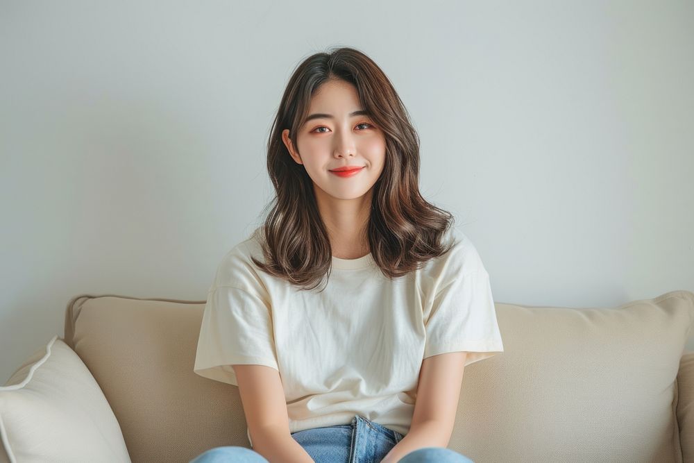 Korean female smiling fashion contemplation.