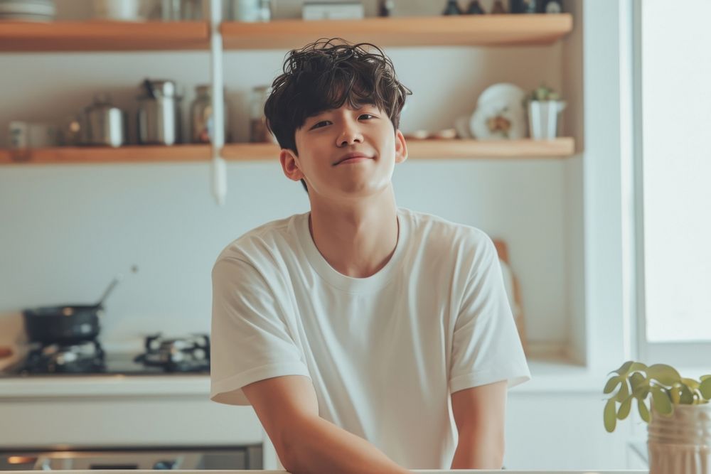 Korean male kitchen smiling hairstyle.