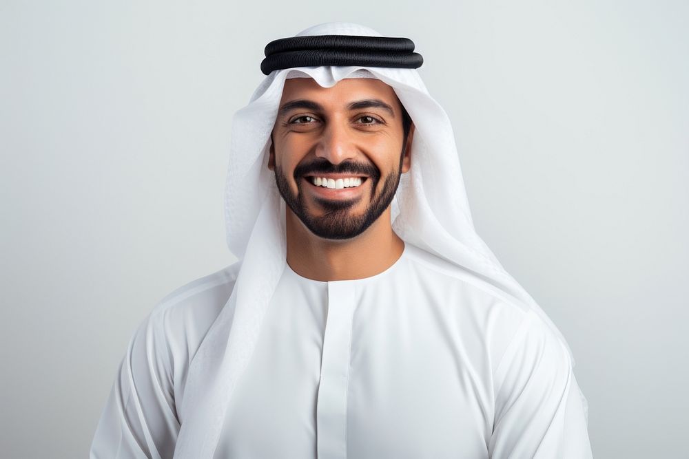 Middle eastern man in Arab Sheik portrait smiling people.