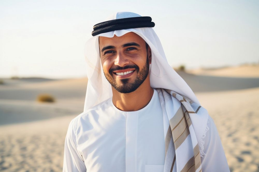 Middle eastern man in Arab Sheik smiling people tranquility.