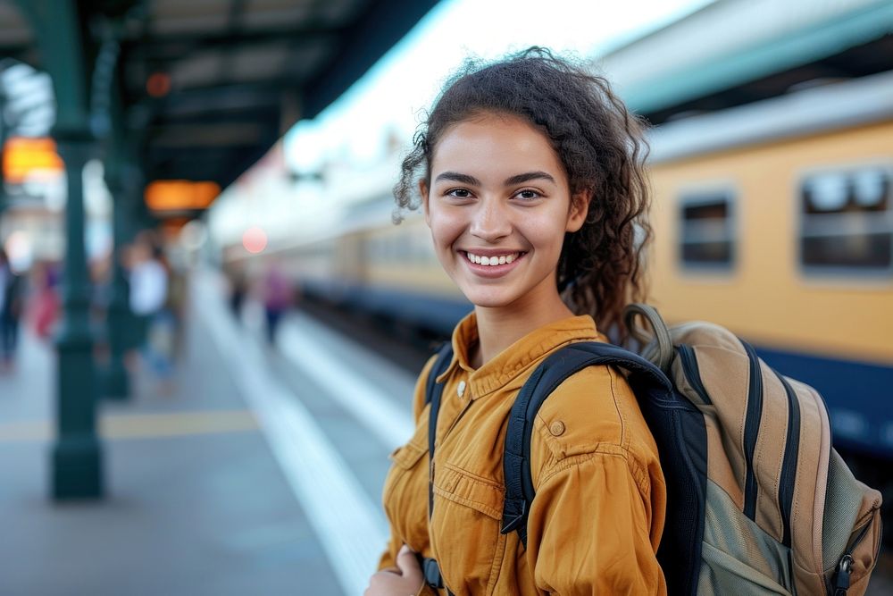 Mixed race teen woman train backpack smiling.