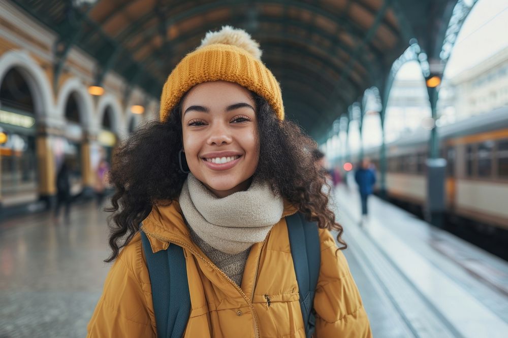 Mixed race teen woman train portrait station.