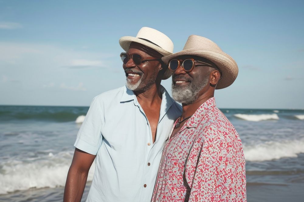 Senior Afican American gay couple glasses adult beach.