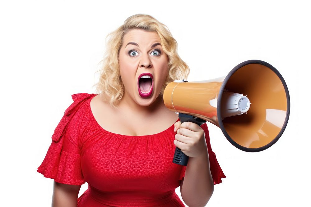A chubby overweight young woman holding a megaphone screaming announcement shouting white background technology. AI…