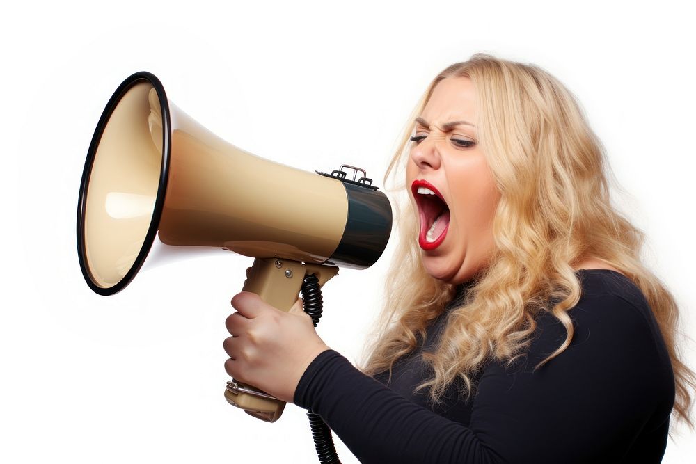 A chubby overweight young woman holding a megaphone screaming announcement shouting adult white background. AI generated…
