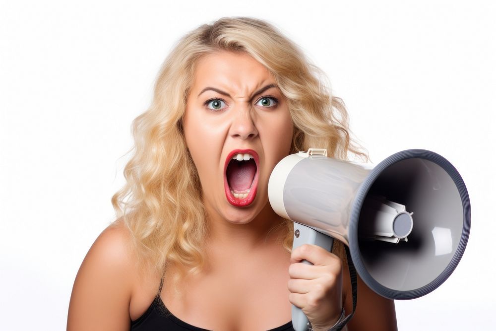A chubby overweight young woman holding a megaphone screaming announcement shouting white background aggression. AI…