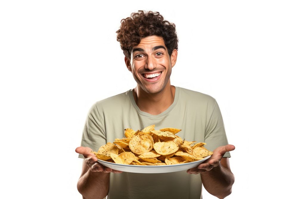 A man holding plate of chips and biting snack adult food white background. AI generated Image by rawpixel.