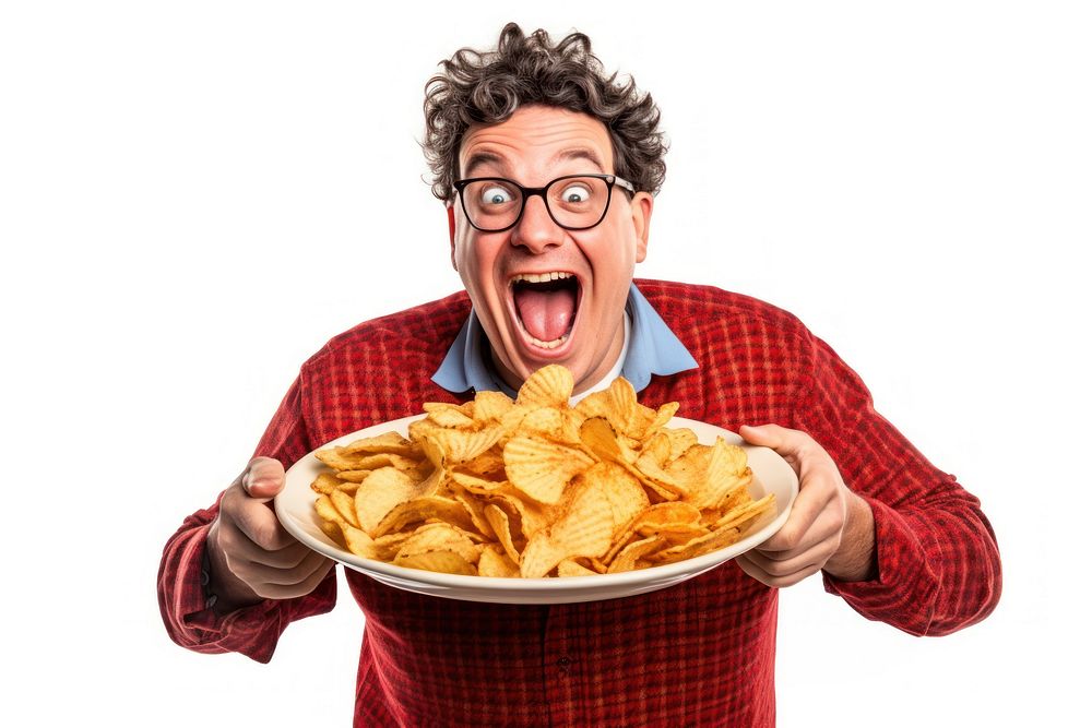 A man holding plate of chips and biting snack glasses adult food. AI generated Image by rawpixel.