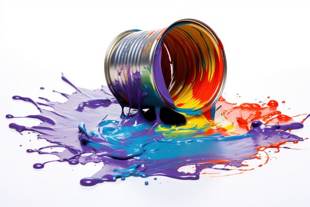 An Opened metal paint can with spilled paint on the floor white background splattered paintbrush. AI generated Image by…