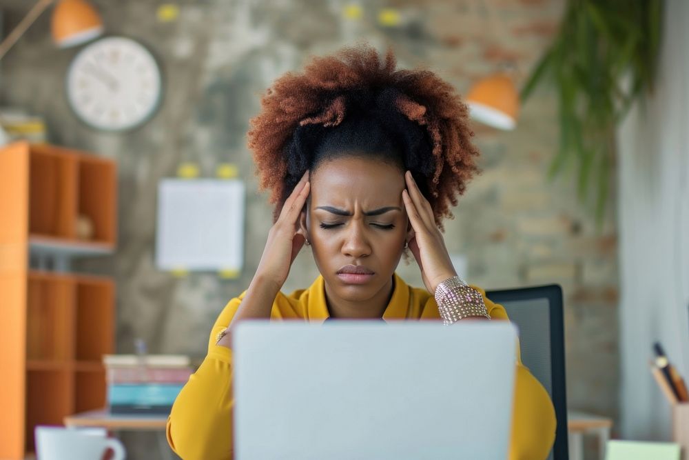 Business black woman laptop computer worried.