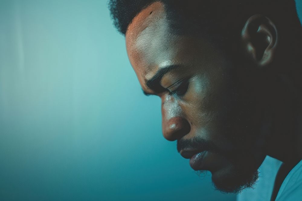 Black man in anxiety portrait worried adult.