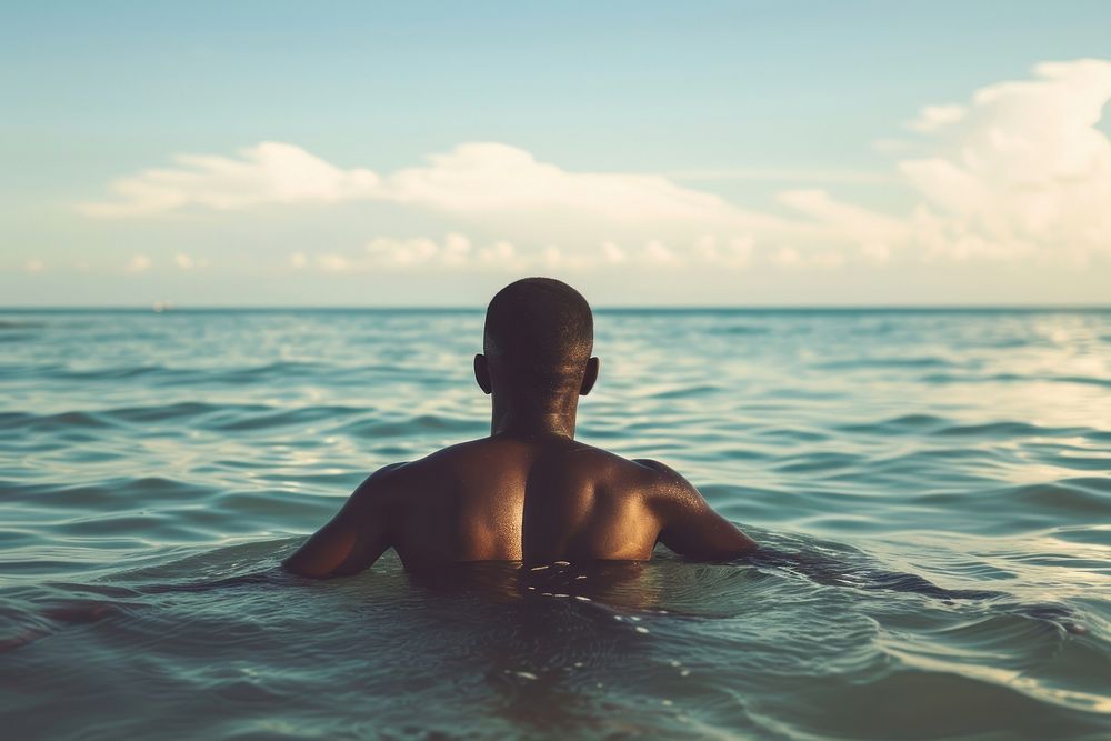 African American man swimming bathing sports.