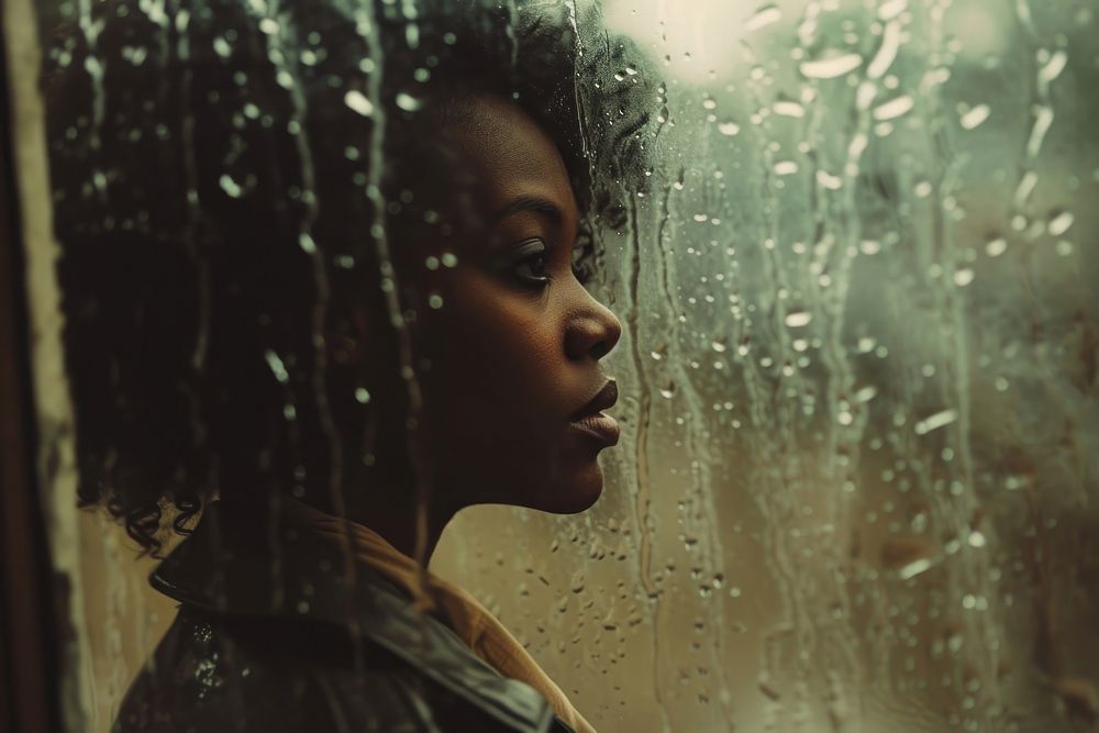 Black woman window rain contemplation.