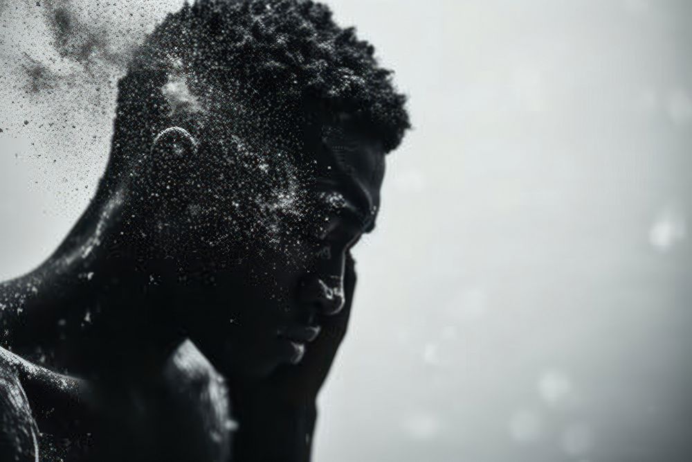 Black man monochrome splashing darkness.