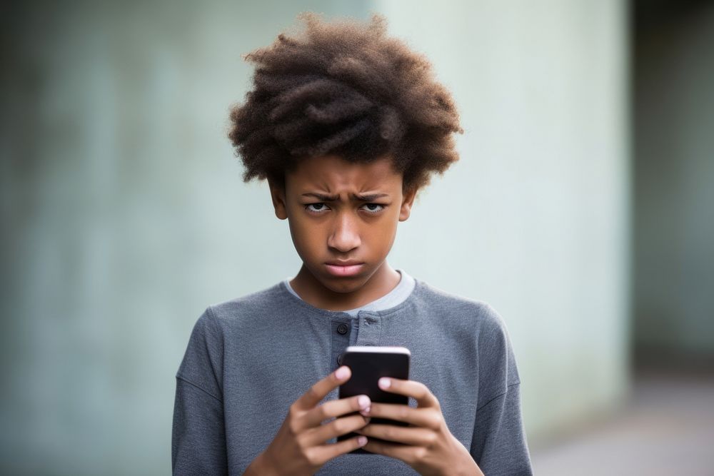 Black people sad portrait mobile phone portability.