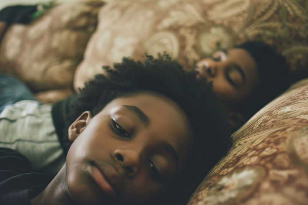 Depressed black kids togetherness comfortable relaxation.