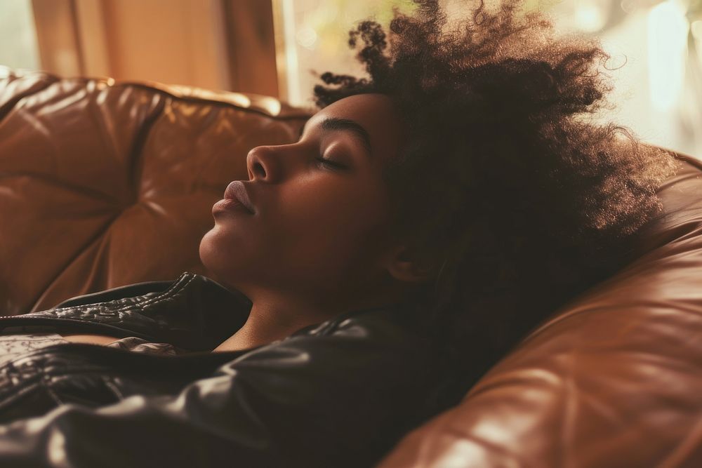 Depressed black woman adult sofa comfortable.