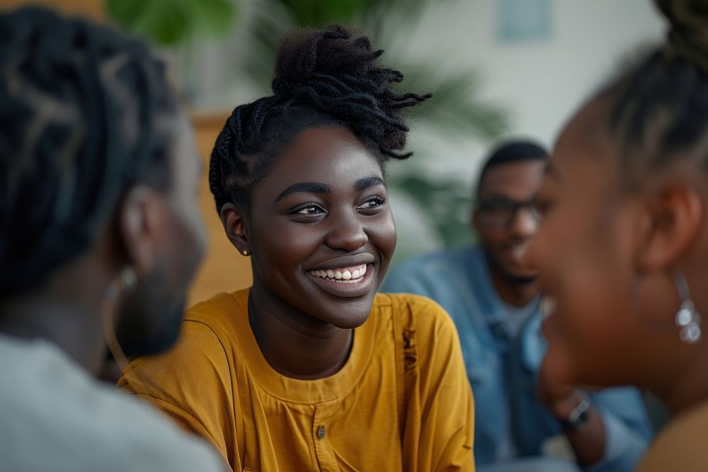 Group of black people laughing talking smile.