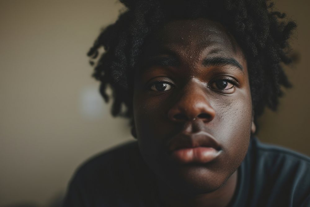 Black chubby sad teen portrait photography worried.