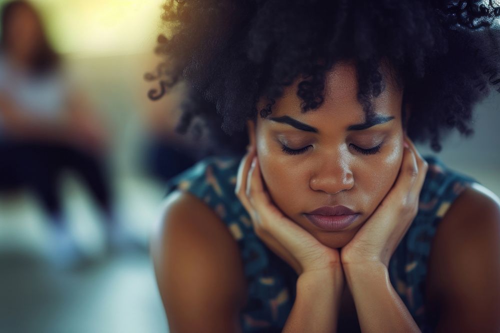 Depressed black woman worried anxiety adult.