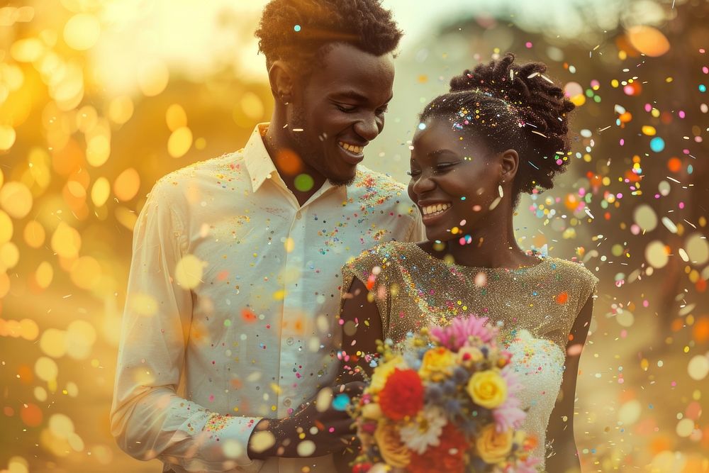 African couple happiness confetti portrait.