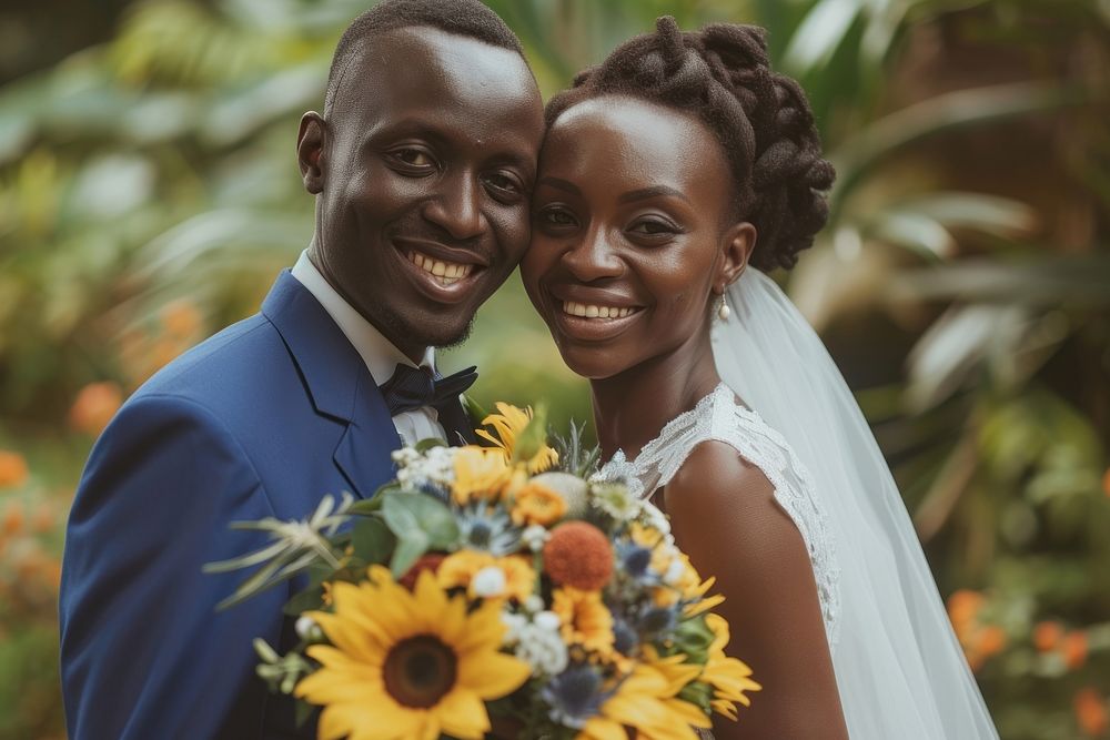 African wedding couple portrait flower smiling.