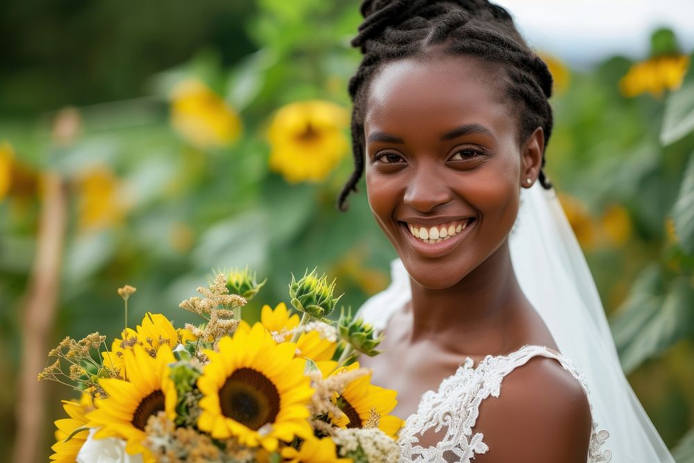 African woman in wedding dress holds a bouquet of sunflowers portrait smiling bride.